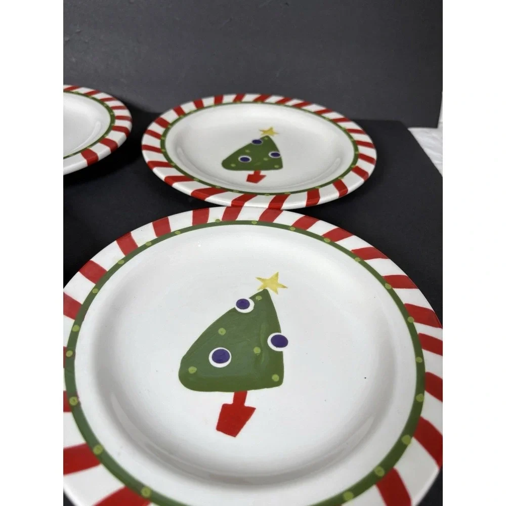 Pier1 Hand-Painted Ironstone China Christmas Tree Plates (4) 8in Holiday